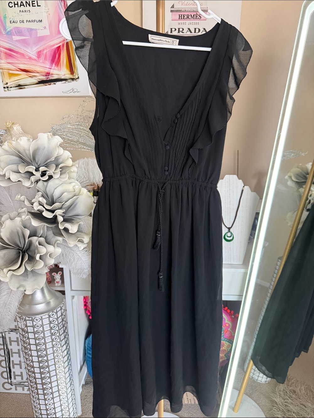 Abercrombie & Fitch Black Ruffle-Trim Midi Dress